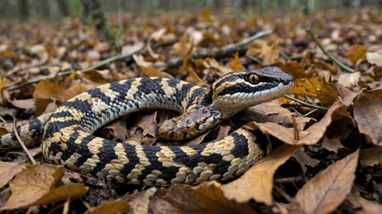 Fototapeta premium I'm freepik contributor. give me description forViper Camouflaged in Leaves: A viper perfectly camouflaged among fallen leaves and twigs, demonstrating its ability to blend into its environment.