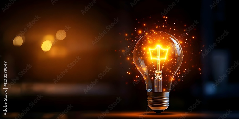 Poster a glowing light bulb filled with sparkling particles, creating a warm, illuminated effect against a 