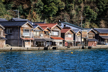 Row of Traditional Japanese Boat Houses Along Waterfront, Ine, Kyoto, Japan