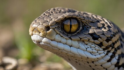 Fototapeta premium Intense Viper Close-Up: Sharp Fangs and Hypnotic Eyes in Focus