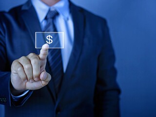 Businessman Engaging with Virtual Financial Interface Emphasizing Wealth Management in Business Technology