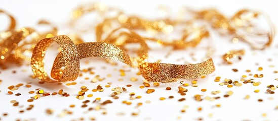Gold confetti and shimmering streamers scattered on a white background create a vibrant festive atmosphere highlighting celebration details