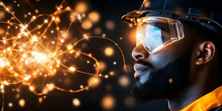 A profile of a man wearing safety glasses and a hard hat, with glowing particles floating nearby, suggesting technology or innovation. Concept Man in Safety Gear, Glowing Particles