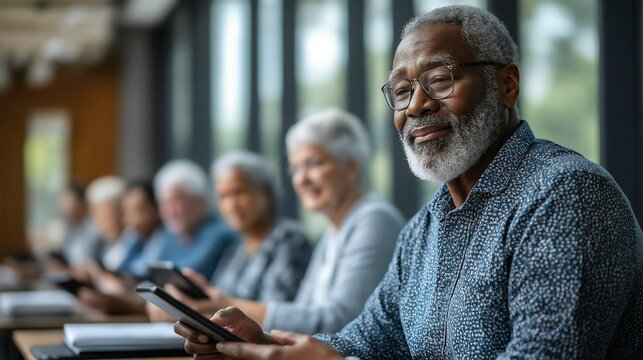 Group of diverse seniors participates in a financial literacy class in a modern library. They are using tablets while being guided by an encouraging instructor in a bright atmosphere - Powered by Adobe