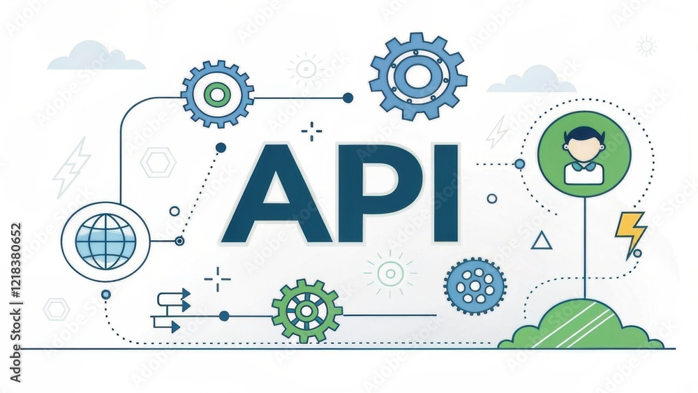 Poster a digital illustration featuring gears and network elements, highlighting the concept of apis with a