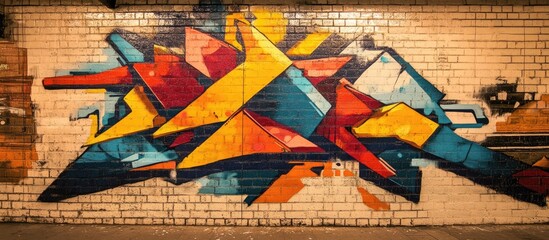 Vibrant graffiti artwork in a subway station featuring bold red, yellow, blue, and orange shapes on a white brick wall showcasing urban creativity.