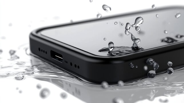 Waterproof phone case, water drops, white background, protection