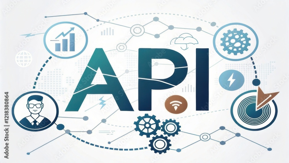 Poster a graphic representation of apis featuring data analysis, gears, and connectivity symbols, emphasizi