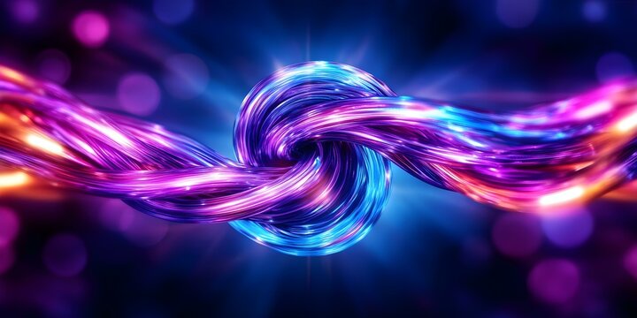 A vibrant, swirling knot of colorful light strands, set against a dark, illuminated background. Concept Colorful Light Trails, Abstract Art, Illuminated Background, Vibrant Visuals, Swirling Patterns