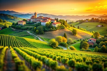 Naklejka premium Miniature San Marzano Oliveto vineyards in Asti, Italy; picturesque tilt-shift countryside.