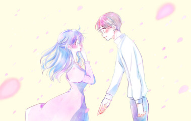 告白する男性と驚く女性　和やか　風　花吹雪