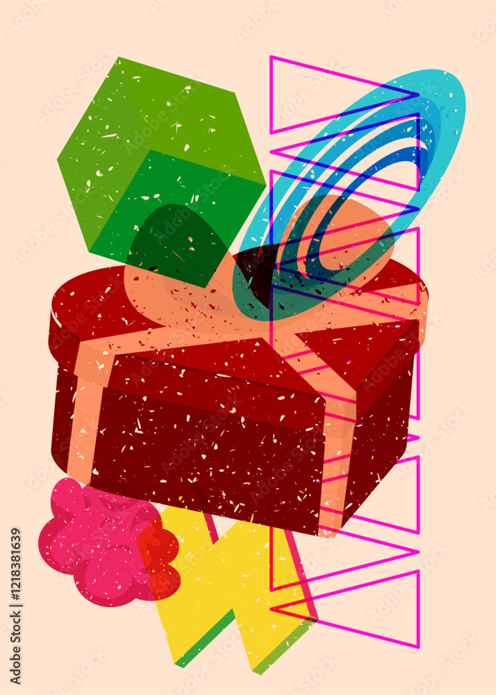 Poster risograph heart shaped gift box with geometric shapes. objects in trendy riso graph print texture st