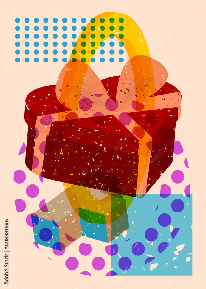 Poster risograph heart shaped gift box with geometric shapes. objects in trendy riso graph print texture st