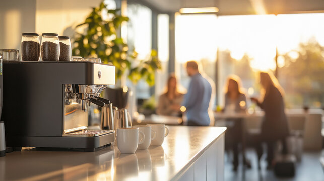 modern office break room with a coffee machine