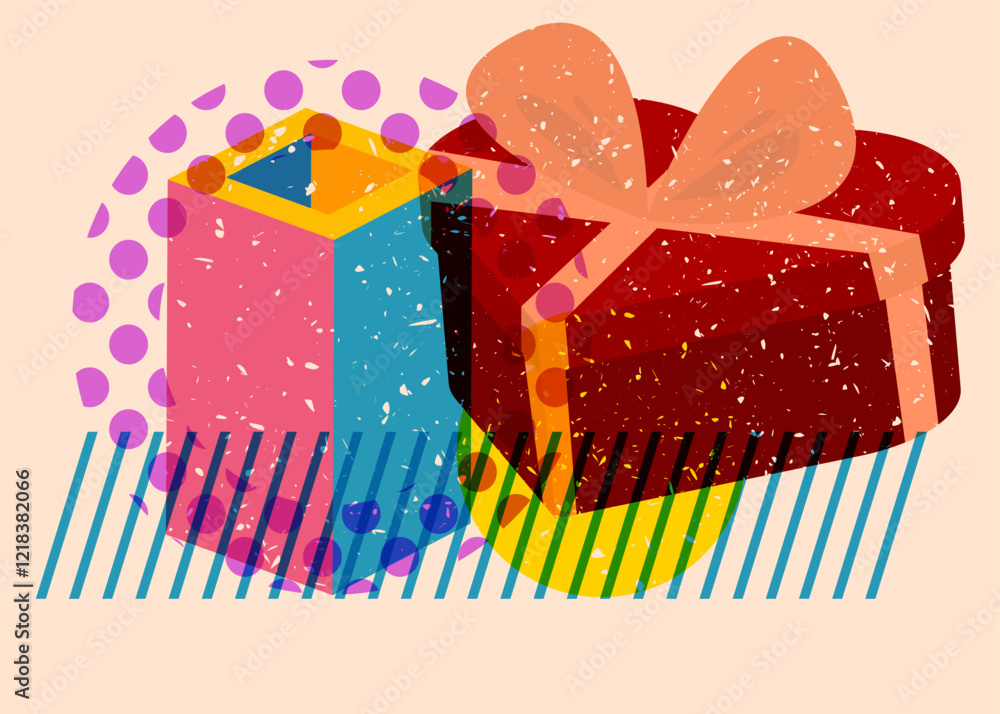 Poster risograph heart shaped gift box with geometric shapes. objects in trendy riso graph print texture st