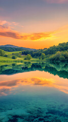 Golden Sunset Over Tranquil Lake with Rolling Hills and Lush Green Trees
