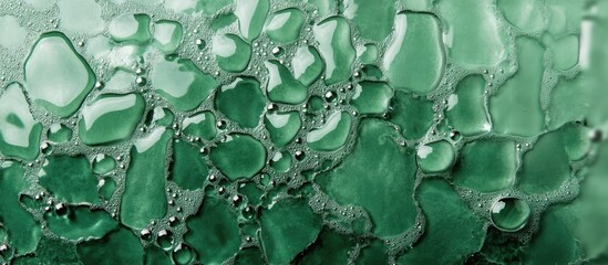 Fototapeta premium Refreshing green tile background with water drops on a textured green ceramic wall creating a vibrant atmosphere with varying shades of green.