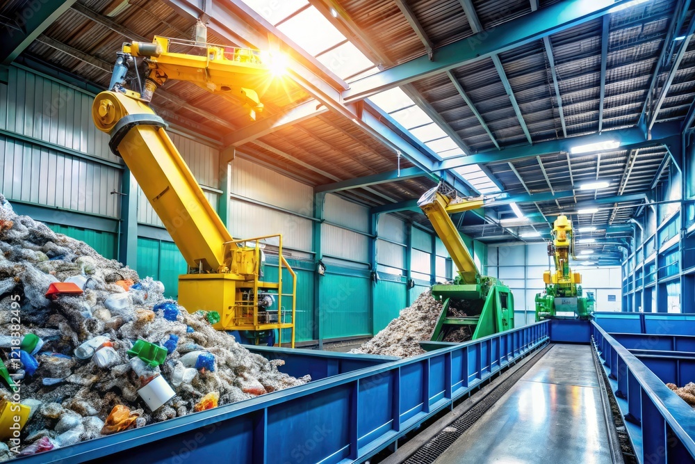 Poster modern recycling: robots sort and process waste, boosting efficiency and resource recovery.