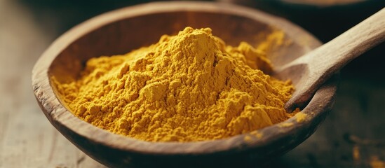 Golden bicarb powder in a wooden bowl with a wooden spoon positioned to the right, showcasing vibrant yellow color and natural texture.