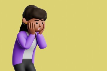 3d illustration of African woman in purple clothes, covering her face with her hands in surprise. Cartoon black female character isolated on yellow background.