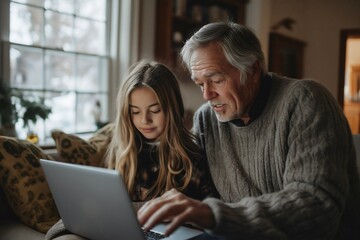 In a warm living room filled with natural light, a parent guides a teenager through online banking on a laptop, creating an authentic and educational moment together