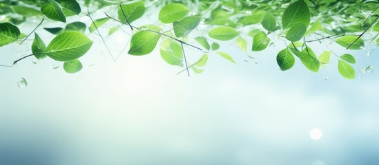 Green leaves floating gracefully against a soft blue background with light bokeh effects positioned at the top of the image creating a serene atmosphere.