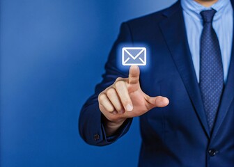 Businessman interacting with a virtual email interface showcasing modern communication solutions in the realm of business technology
