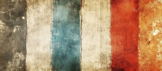 Vertical vintage wall design featuring an aged concrete texture in earthy tones of grey, blue, red, and orange creating a striking abstract palette.