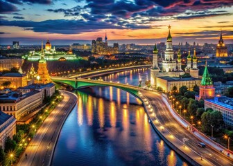 Obraz premium Moscow's nocturnal beauty: Kremlin, river, and city lights illuminate the Russian night sky.