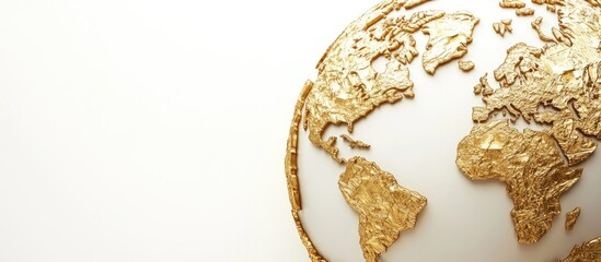Golden globe with intricate golden reliefs of the world map positioned on the right against a soft white background symbolizing geography education