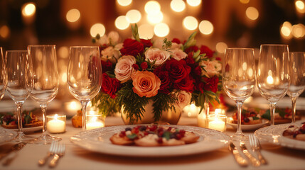 A close-up of a beautifully set dinner table with elegant plates, glasses, and a floral centerpiece, radiating warmth and sophistication