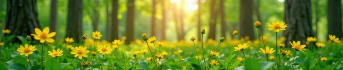 Obraz premium Spring forest awakens with yellow wildflowers blooming, leafy branches, bloom