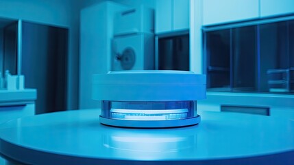 A futuristic serum injector glowing in a lab with soft blue lighting.