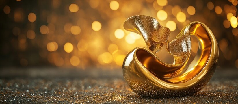 Golden decorative ornament in unique swirling shape glistening against a warm bokeh background of gold and brown hues for festive decor