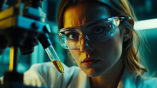 A woman scientist is holding a pipette that is dropping liquid for chemical experiments in the laboratory.