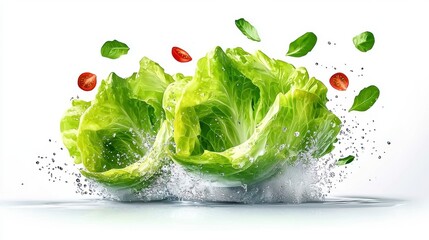 Obraz premium Fresh Lettuce and Tomatoes Splashing in Water