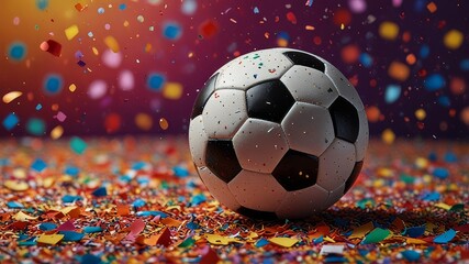 Naklejka premium Soccer Ball, Confetti, Colorful Background