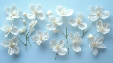 Obraz premium Delicate White Flowers Arranged on Light Blue Background