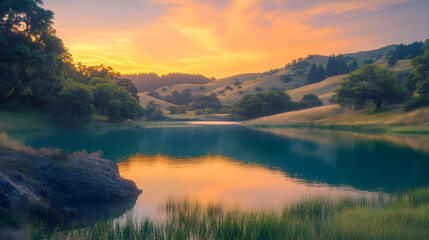 Golden Sunset Over Tranquil Lake with Rolling Hills and Lush Green Trees