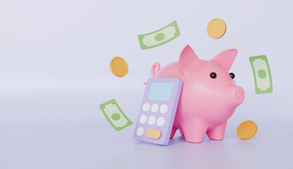 Piggy bank with calculator and gold coins green, saving money and financial management