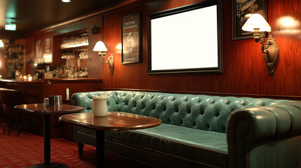 mockup frame screen Elegant diner setup showcasing a cozy turquoise booth with a round table, perfect for casual dining or meetings