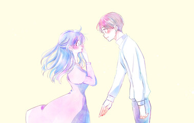 告白する男性と驚く女性　和やか　風