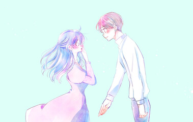 告白する男性と驚く女性　和やか　風