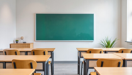 Empty classroom with desks and a chalkboard, learning environment