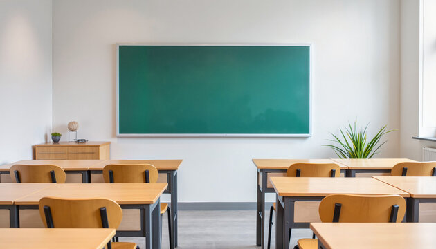 Empty classroom with desks and a chalkboard, learning environment