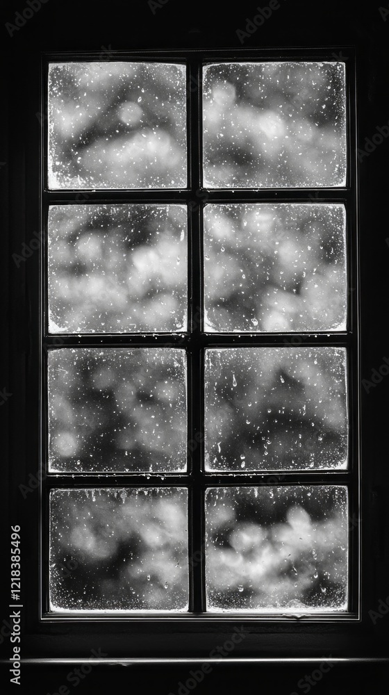 Poster Raindrops cascade down a windowpane, creating a hazy, dreamy effect that obscures the vibrant life outside. The muted tones evoke a feeling of calm and introspection during a gentle rain