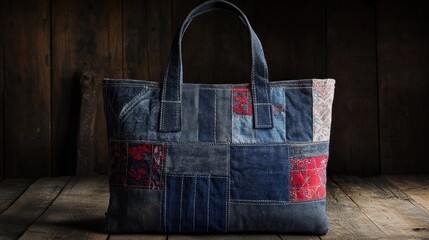 A patchwork denim bag placed on a wooden surface with a warm glow.
