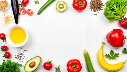 Vibrant fruits and vegetables arranged artistically on white background, health concept
