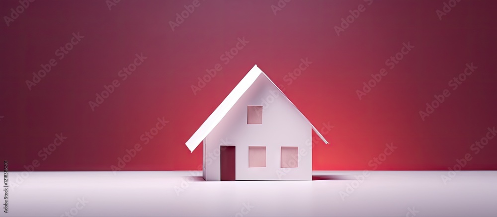 Poster white origami house figure in the center with red gradient background and soft shadows, symbolizing 