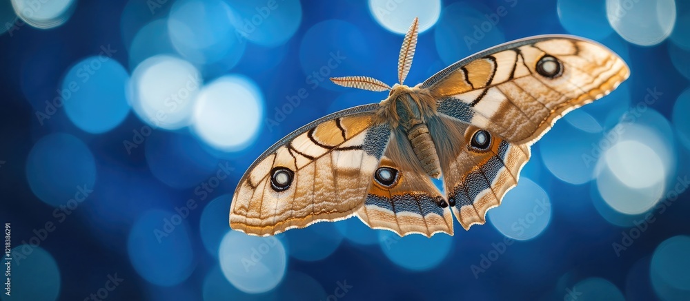 Poster butterfly resting on vibrant blue bokeh background with soft highlights showcasing intricate wing pa
